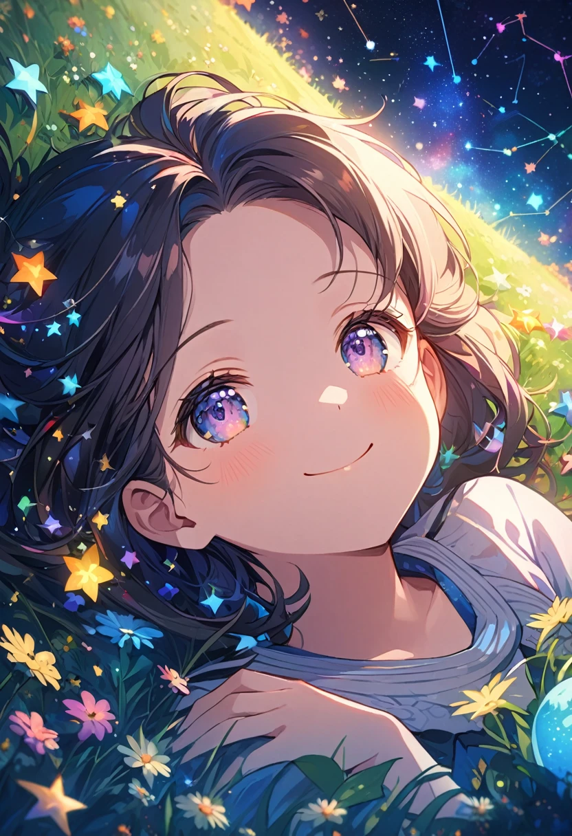 ((ultra detailed face)),forehead,Describe a scene in which a cute girl character is lying on a grassy hill, Look up at the starry sky. Surround her with colorful nebulae and her favorite constellations.(((big smiling)))