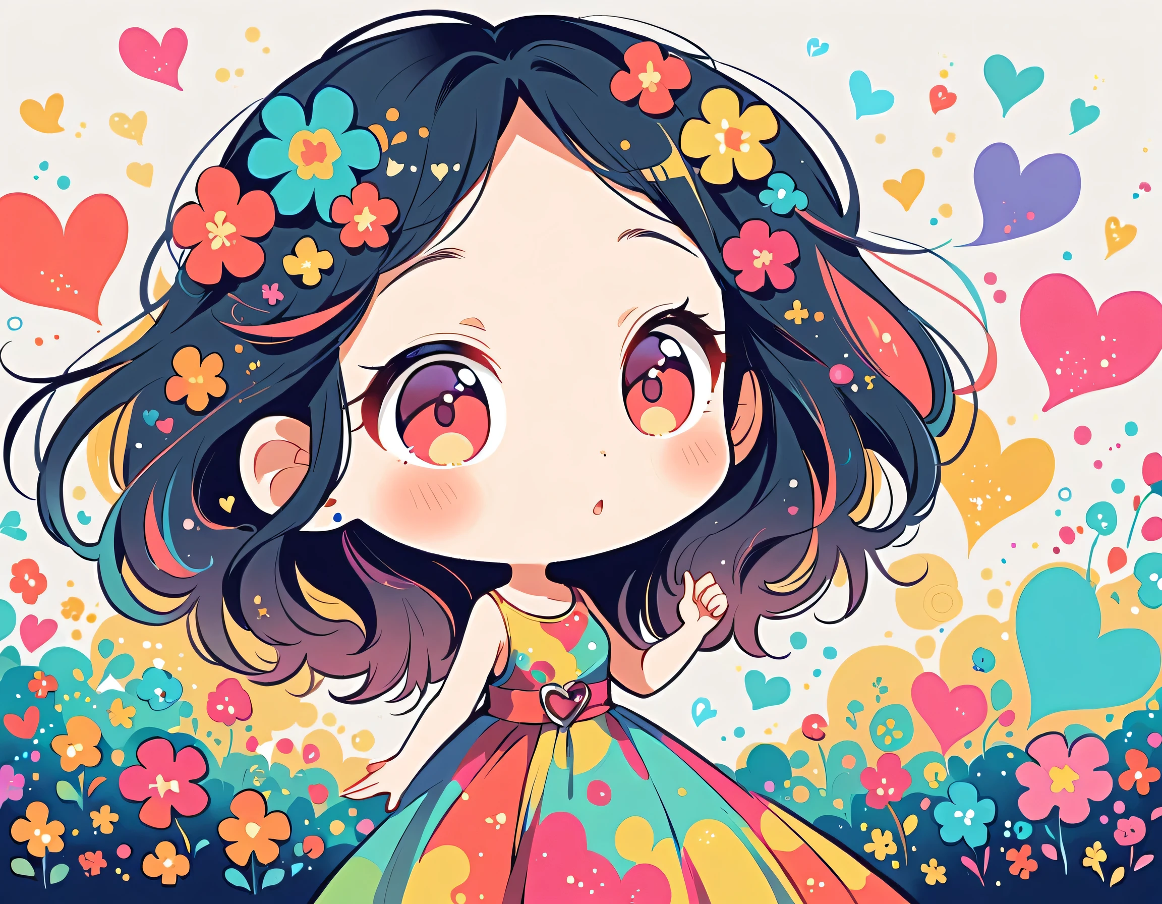 Kei Mochizuki style, Simple Line Initialism，Abstract art，Urban Background, colorful hearts ,colorful flowers, The most beautiful girl of all time, chibi