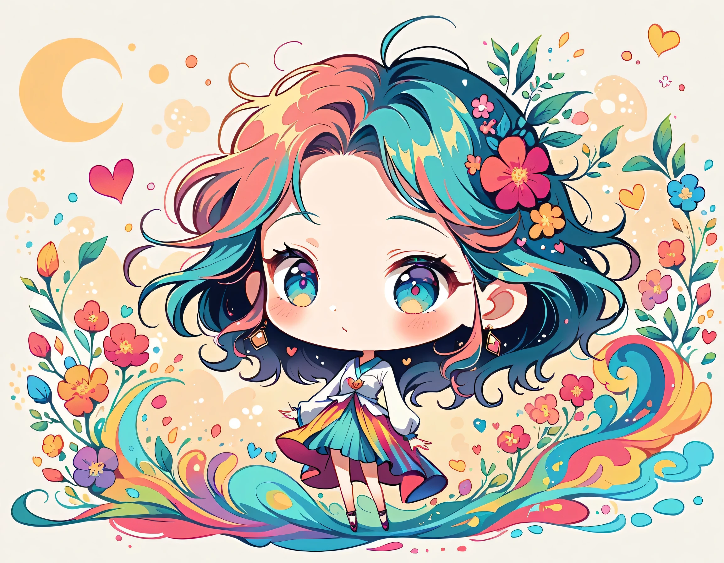 Kei Mochizuki style, Simple Line Initialism,Abstract art,Urban Background, colorful hearts ,colorful flowers, The most beautiful girl of all time, chibi