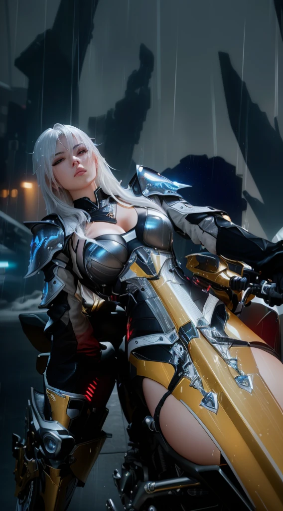 there is a woman that is sitting on a motorcycle in the rain, from ncsoft, 8k octae render photo, unreal engine render + a goddess, 8 k character details, tranding on pxiv, bikini armor female knight, sliver ice color reflected armor, ultra realistic 8k octan photo, 3 d render character art 8 k
