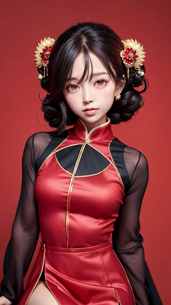 Excellent, masterpiece, black hair, red dress, looking up, upper body, hair, fair skin, emanation, golden dragon, red theme, skirt