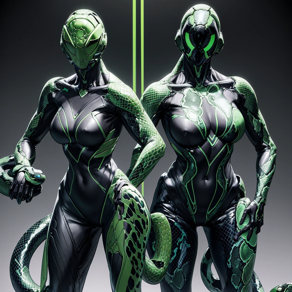 A beautiful girl who merged with a snake. (high quality) （Black and green image color）. Bodysuits. cyber style. Circuit pattern. Biological Armor. Biological Helmet. Eye mask.