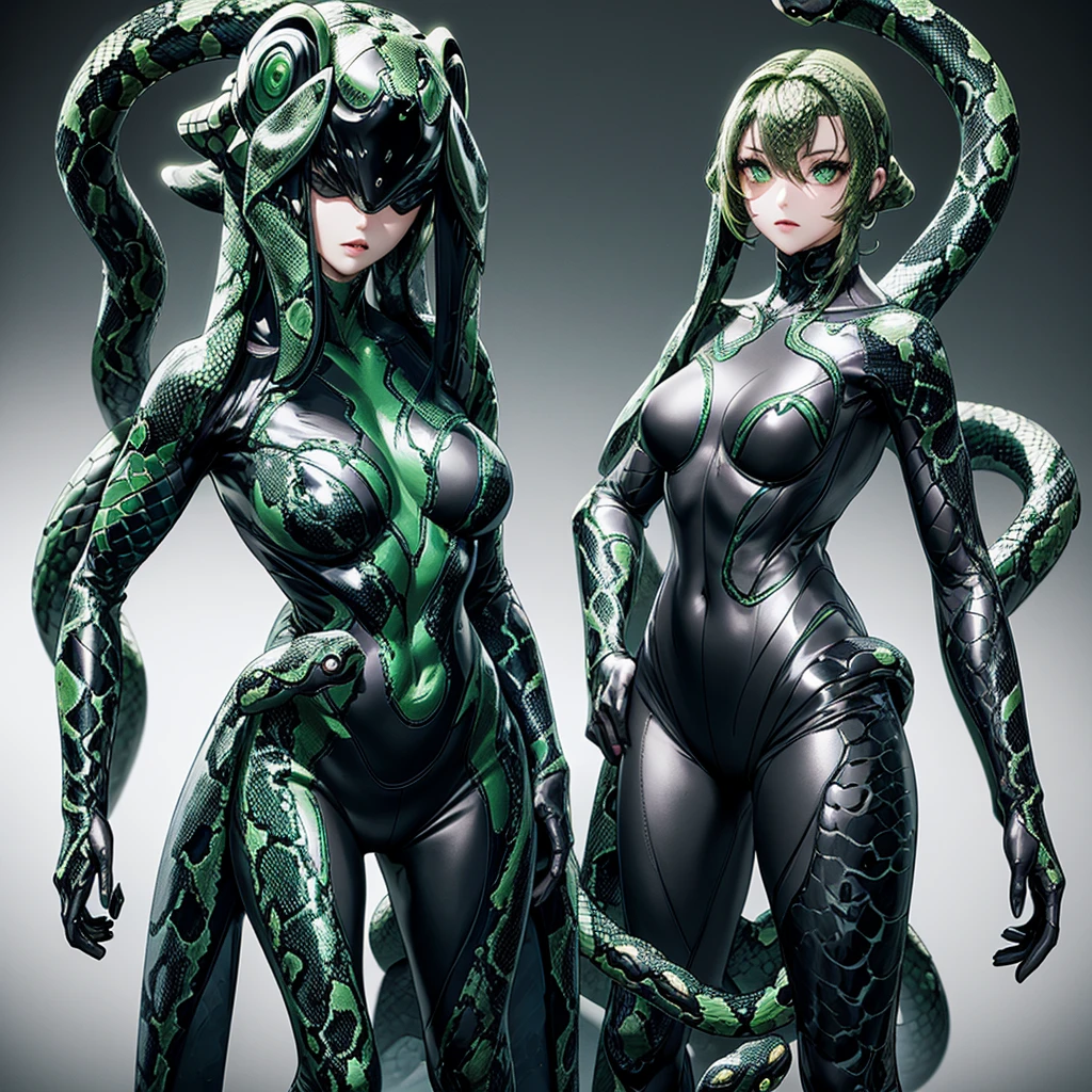 A beautiful girl who merged with a snake. (high quality) （Black and green image color）. Bodysuits. cyber style. Circuit pattern. Biological Armor. Biological Helmet. Eye mask.