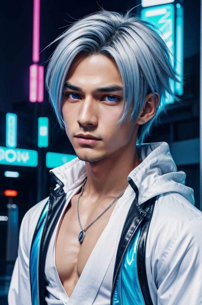 Imagine an anime-style boy with sharp features, wearing a stylish, modern outfit. He has silver hair styled in a sleek manner, with one strand falling over his eyes. His eyes are intense and captivating, with a vibrant shade of blue that shines with curiosity. The boy’s expression is relaxed yet mischievous, mirroring Gojo's calm demeanor. He is licking a lollipop, the candy glowing faintly with a digital aura, hinting at his connection to the virtual world. The background features a futuristic cityscape, illuminated with neon lights and digital displays, emphasizing the boy’s affinity with technology and anime aesthetics. This scene captures a blend of modernity, mystery, and anime charm, ideal for an AI to interpret into an image.