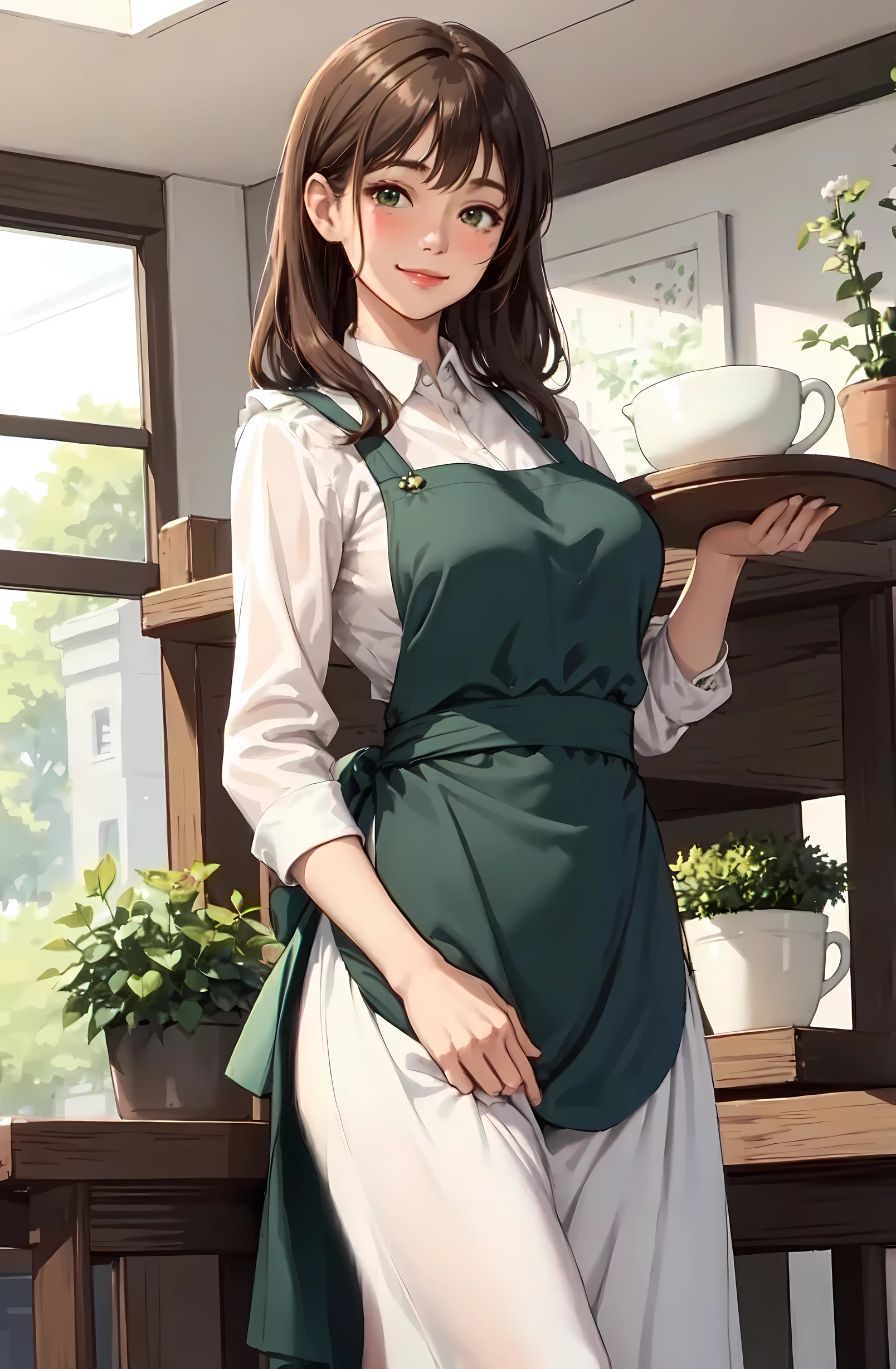 1lady solo, (staff uniform) (deep green apron), /(brown hair/) bangs, blush kind smile, (masterpiece best quality:1.2) delicate illustration ultra-detailed, large breasts BREAK (cafe shop) indoors