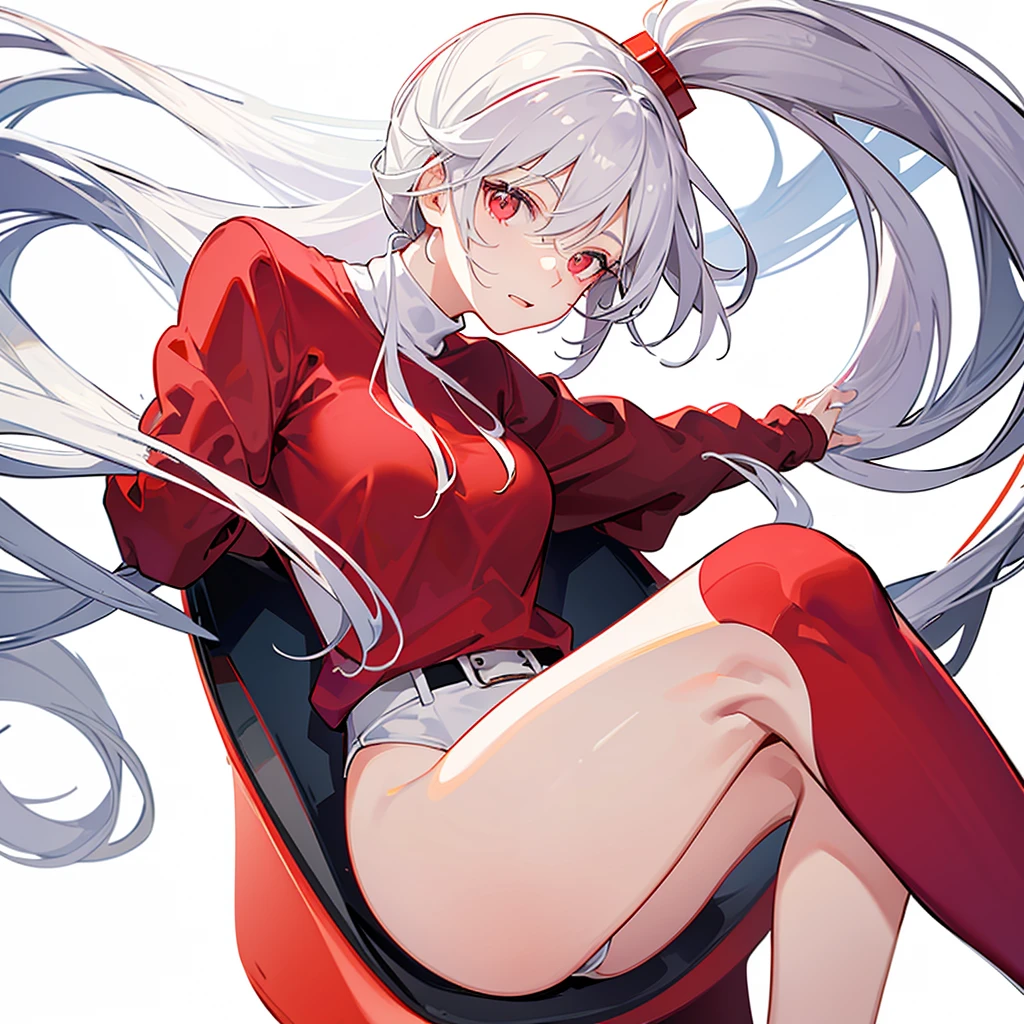 Wearing a red sweater with a high ponytail,Beautiful figure,White hair,Pure white background