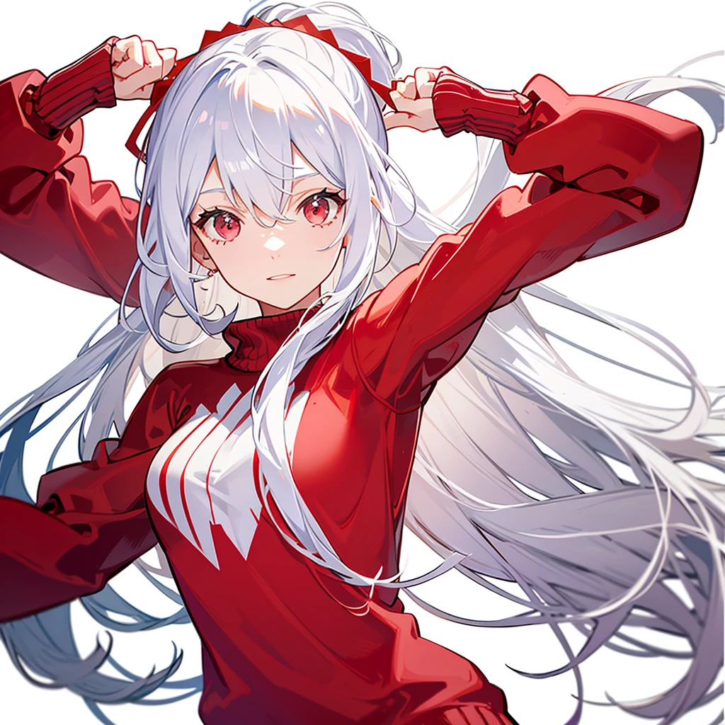 Wearing a red sweater with a high ponytail,Beautiful figure,White hair,Pure white background