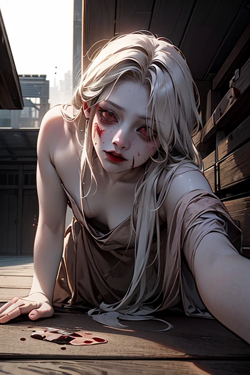 masterpiece, Highest quality, View from below, One Girl, Hollow Eyes、((naked))、Super Beauty、Detailed face、Functional、Alluring、 ((pale_skin)), (((straddling a man))、((((Female organ)))、((A body covered in filth)), Horror, Messy Hair, look up, Makeup comes off,, Horror, , spooky, Broken Black Prima,, Wooden chamber, (血まみれの奇妙なspookyサイン, Injured), ((Blood splattered on the floor)), darkness, Cruelty, Low Light, Super detailed