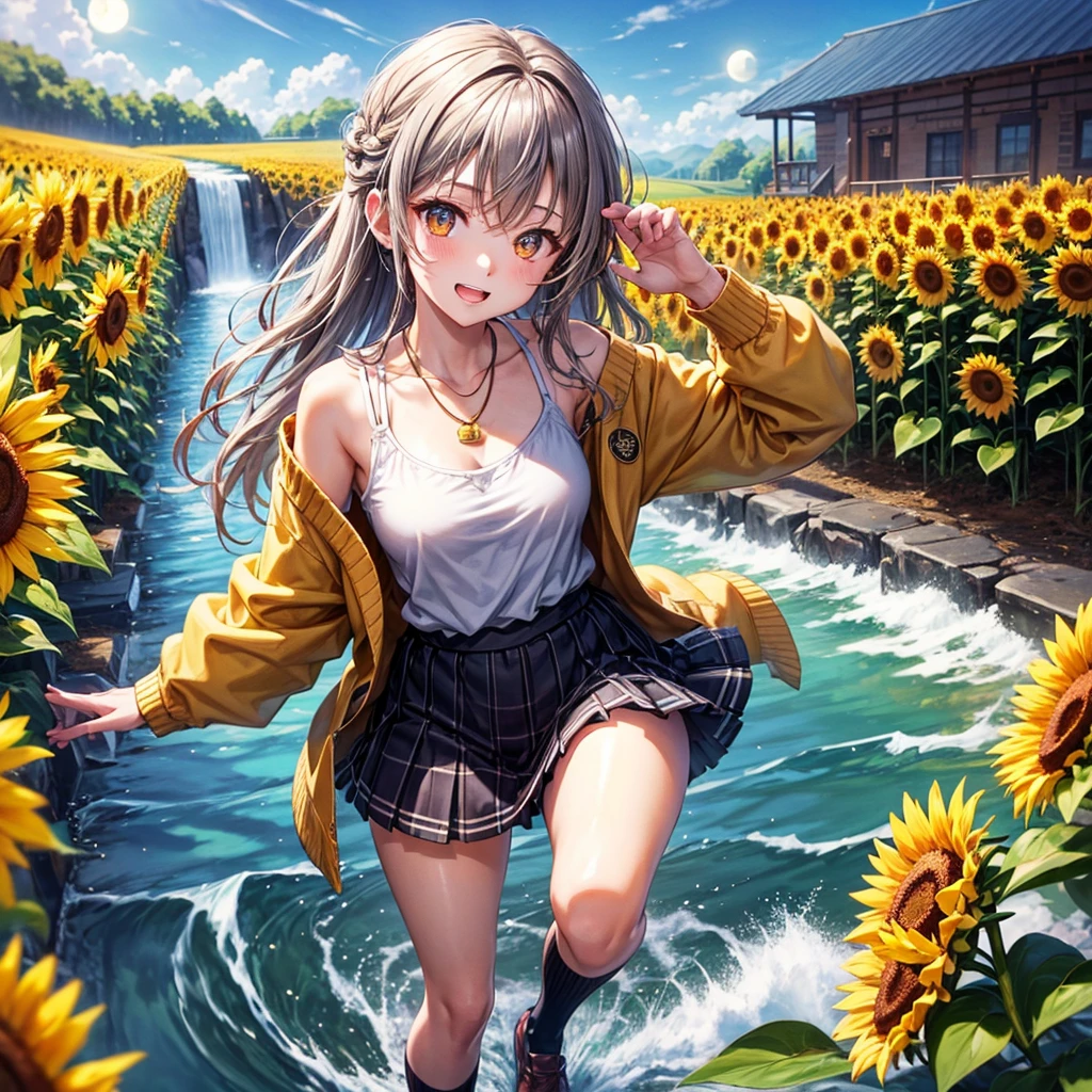 Red, brown, gold, gold hair、Golden Eyes、Hair tied up、One good looking girl、solo、anime、Checkered mini skirt、Ruffles on the skirt、camisole、Lightweight cardigan、Black knee-high socks、Wearing a baseball cap、Ribbon、Ribbon on waist、Teeth are visible、Silver coin necklace、shine、From above、Sparks are flying、tunnel、Cobblestones、waterfall、Clear Stream、Sunflower field、Have sunflowers、Midnight Moon、Winding Road