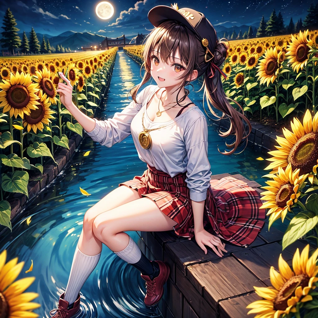 Red, brown, gold, gold hair、Golden Eyes、Hair tied up、One good looking girl、solo、anime、Checkered mini skirt、Ruffles on the skirt、camisole、Lightweight cardigan、Black knee-high socks、Wearing a baseball cap、Ribbon、Ribbon on waist、Teeth are visible、Silver coin necklace、shine、From above、Sparks are flying、tunnel、Cobblestones、waterfall、Clear Stream、Sunflower field、Have sunflowers、Midnight Moon、Winding Road
