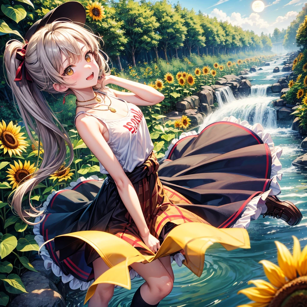 Red, brown, gold, gold hair、Golden Eyes、Hair tied up、One good looking girl、solo、anime、Checkered mini skirt、Ruffles on the skirt、camisole、Lightweight cardigan、Black knee-high socks、Wearing a baseball cap、Ribbon、Ribbon on waist、Teeth are visible、Silver coin necklace、shine、From above、Sparks are flying、tunnel、Cobblestones、waterfall、Clear Stream、Sunflower field、Have sunflowers、Midnight Moon、Winding Road