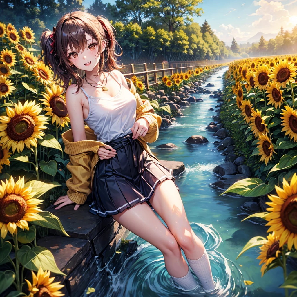 Red, brown, gold, gold hair、Golden Eyes、Hair tied up、One good looking girl、solo、anime、Checkered mini skirt、Ruffles on the skirt、camisole、Lightweight cardigan、Black knee-high socks、Wearing a baseball cap、Ribbon、Ribbon on waist、Teeth are visible、Silver coin necklace、shine、From above、Sparks are flying、tunnel、Cobblestones、waterfall、Clear Stream、Sunflower field、Have sunflowers、Midnight Moon、Winding Road
