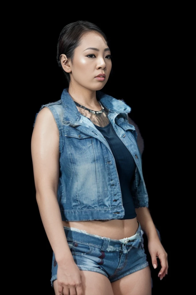 Indonesian woman, thick body, cold atmosphere ,bikini thick cheeks , full body , random pose, wavy short hair , thick hips, 40 years old , slightly fat arms , slightly fat belly , thick thighs pants