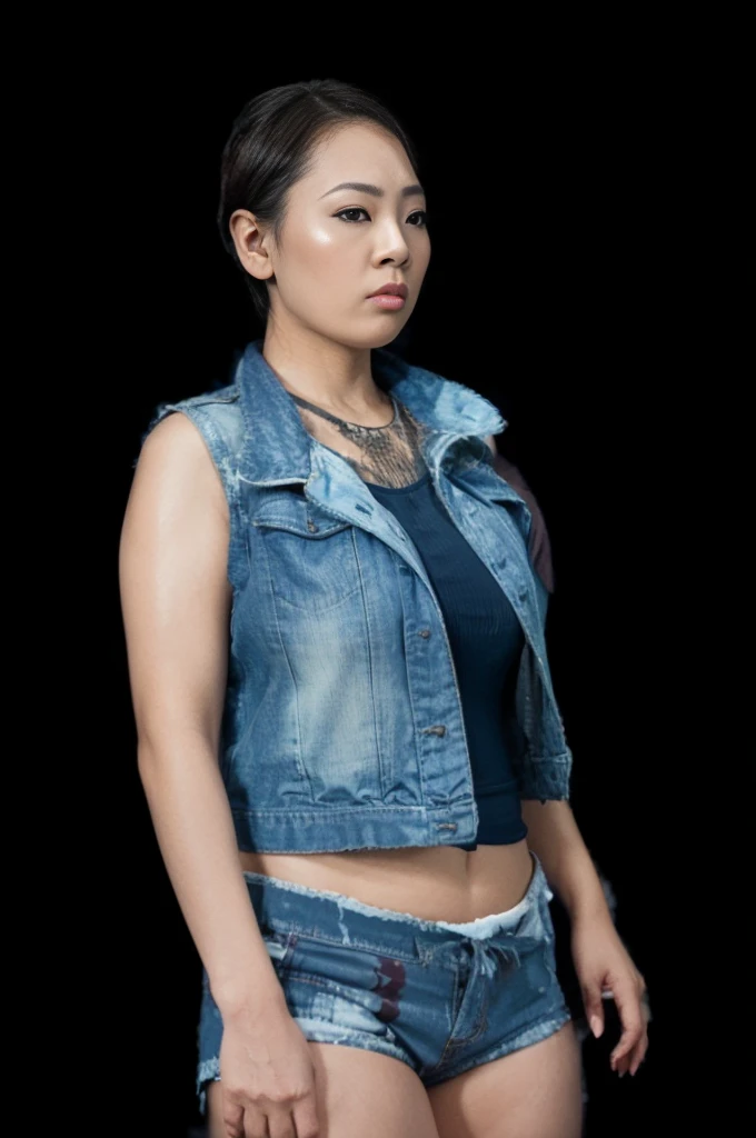 Indonesian woman, thick body, cold atmosphere ,bikini thick cheeks , full body , random pose, wavy short hair , thick hips, 40 years old , slightly fat arms , slightly fat belly , thick thighs pants