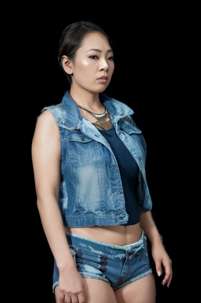 Indonesian woman, thick body, cold atmosphere ,bikini thick cheeks , full body , random pose, wavy short hair , thick hips, 40 years old , slightly fat arms , slightly fat belly , thick thighs pants