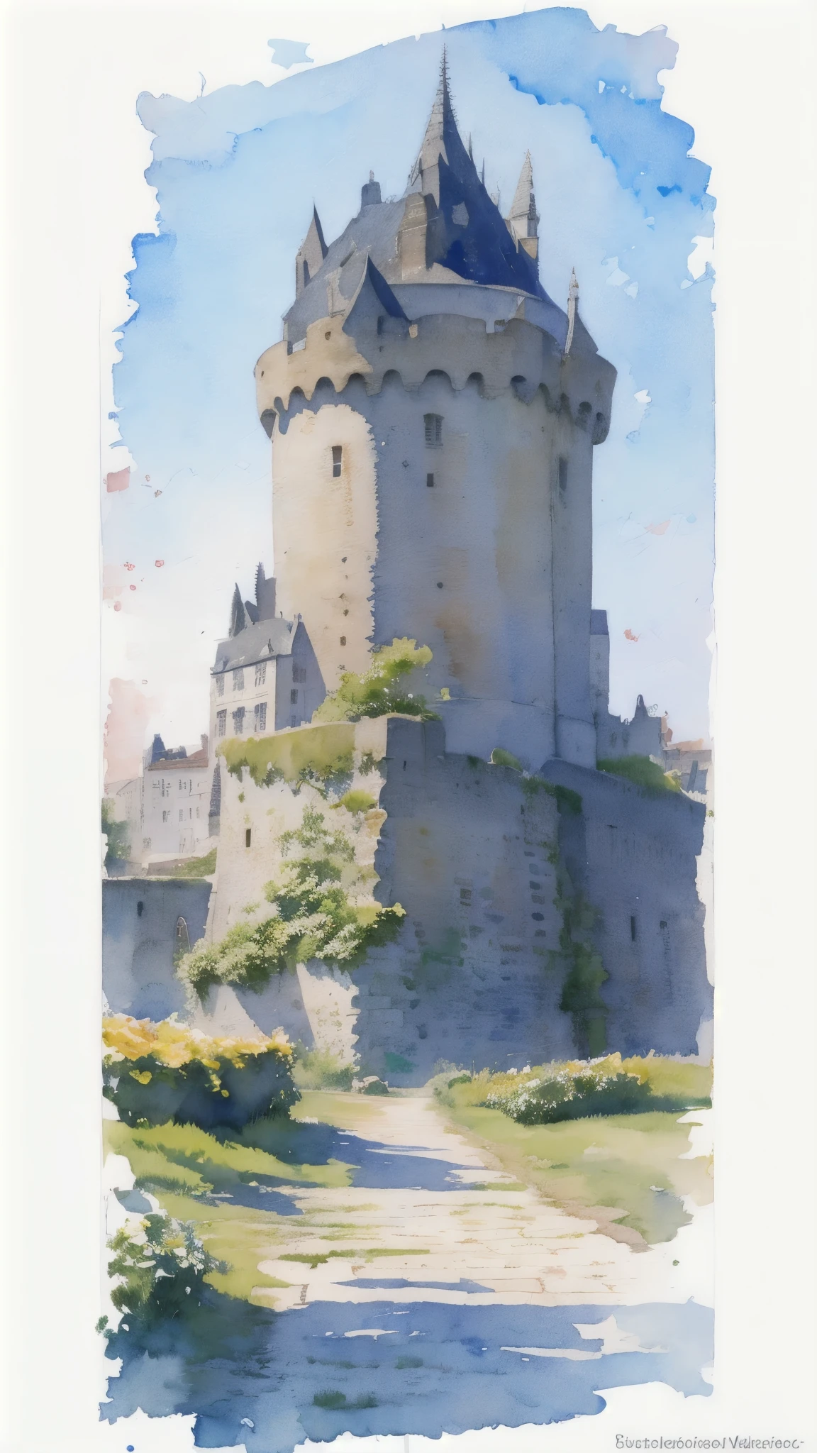 (masterpiece),(Highest quality:1.2),(Very detailed:1.2),(High resolution),(((watercolor))),8K,wallpaper,city,(((breizhcastle)))