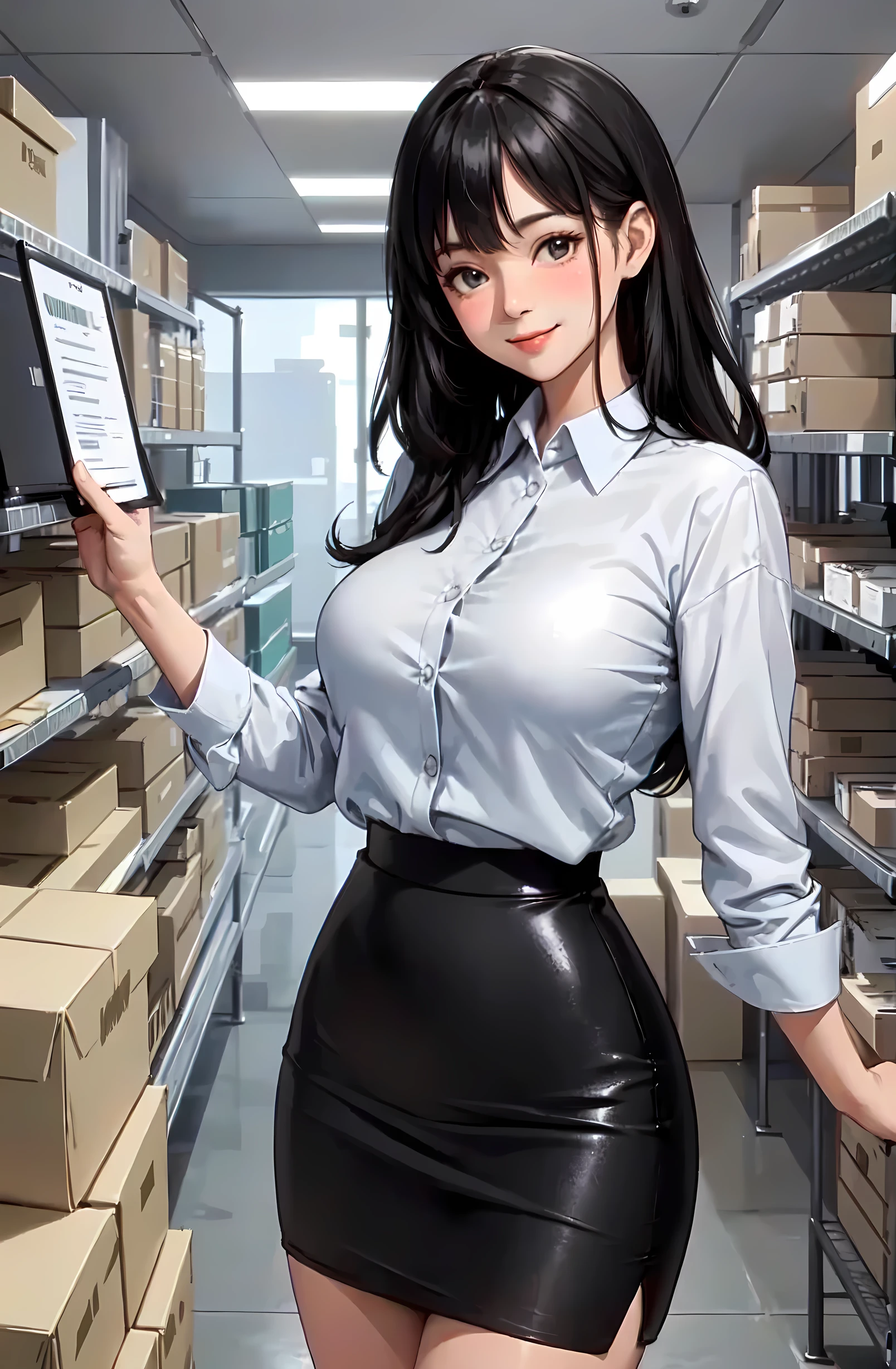 1lady solo, office worker, /(casual shirt pencil skirt/), /(black hair/) bangs, blush kind smile, (masterpiece best quality:1.2) ultra-detailed, large breasts, arms down BREAK (supply room office) indoors, cardboard boxes, (steel storage shelves)