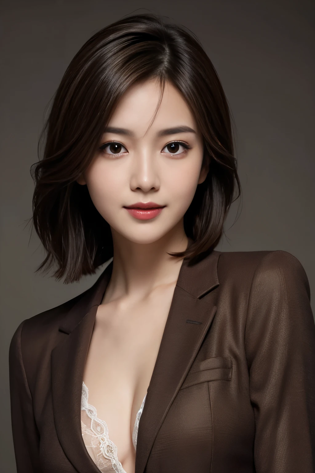The best quality at its best, Realistically, Super detailed, More about pubic hair, High resolution, Plain background,8k wallpaper, One beautiful woman,,Light brown short hair, Wear a dark suit, Lock Focus, Perfect dynamic composition, Beautiful Eyes, Delicate hair, 细致Realistically的皮肤纹理, smile, Close-up portrait, Model Body Type