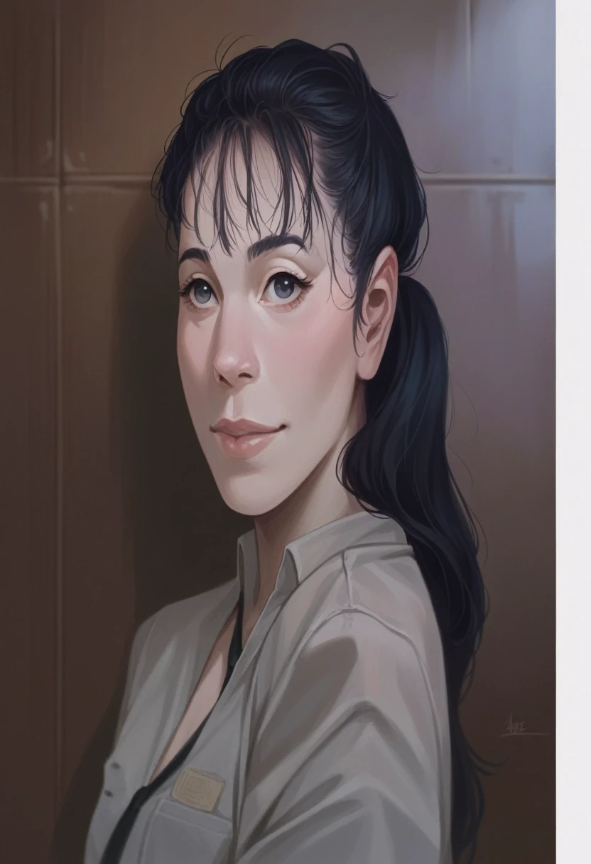 Hyper realistic 3D Cartoon style character with big head. smiling at the camera. wearing a blue policewoman's outfit. wearing a black tie. Her hair is tied in a ponytail at the back. smooth white skin. use soft photographic lighting. hair lighting, top lighting, side lighting, high quality photos, UHD, 16k