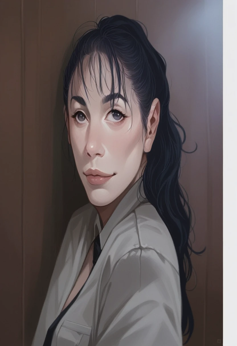 Hyper realistic 3D Cartoon style character with big head. smiling at the camera. wearing a blue policewoman's outfit. wearing a black tie. Her hair is tied in a ponytail at the back. smooth white skin. use soft photographic lighting. hair lighting, top lighting, side lighting, high quality photos, UHD, 16k