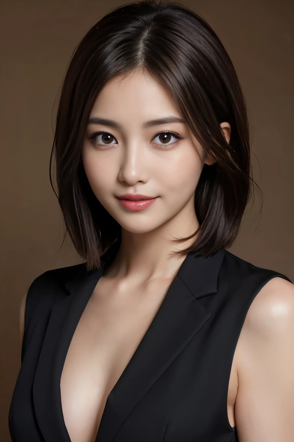The best quality at its best, Realistically, Super detailed, More about pubic hair, High resolution, Plain background,8k wallpaper, One beautiful woman,,Light brown short hair, Wear a dark suit, Lock Focus, Perfect dynamic composition, Beautiful Eyes, Delicate hair, 细致Realistically的皮肤纹理, smile, Close-up portrait, Model Body Type