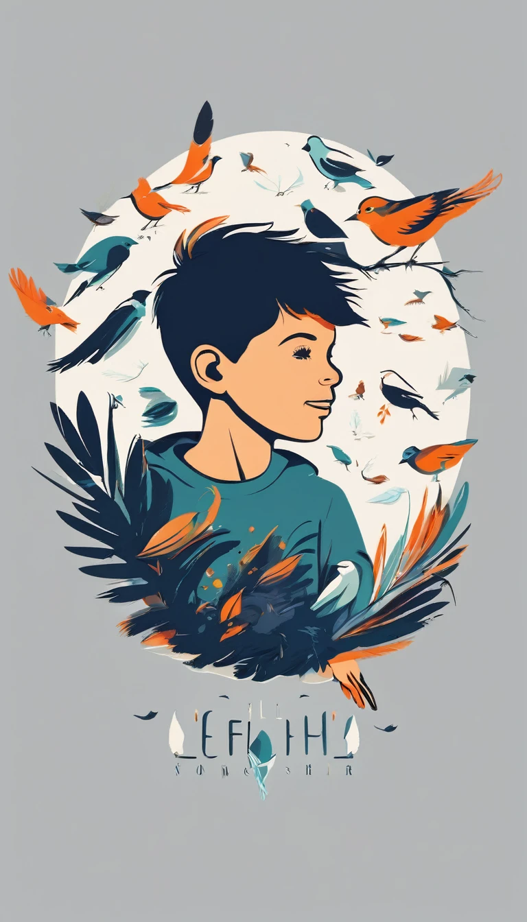 Create a simple, modern logo design of a boy lost in a head full of feathers and birds.