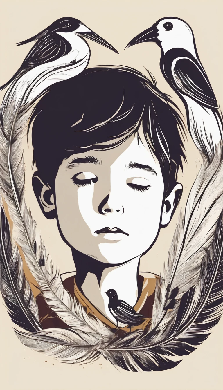 Create a simple, modern logo design of a boy lost in a head full of feathers and birds.