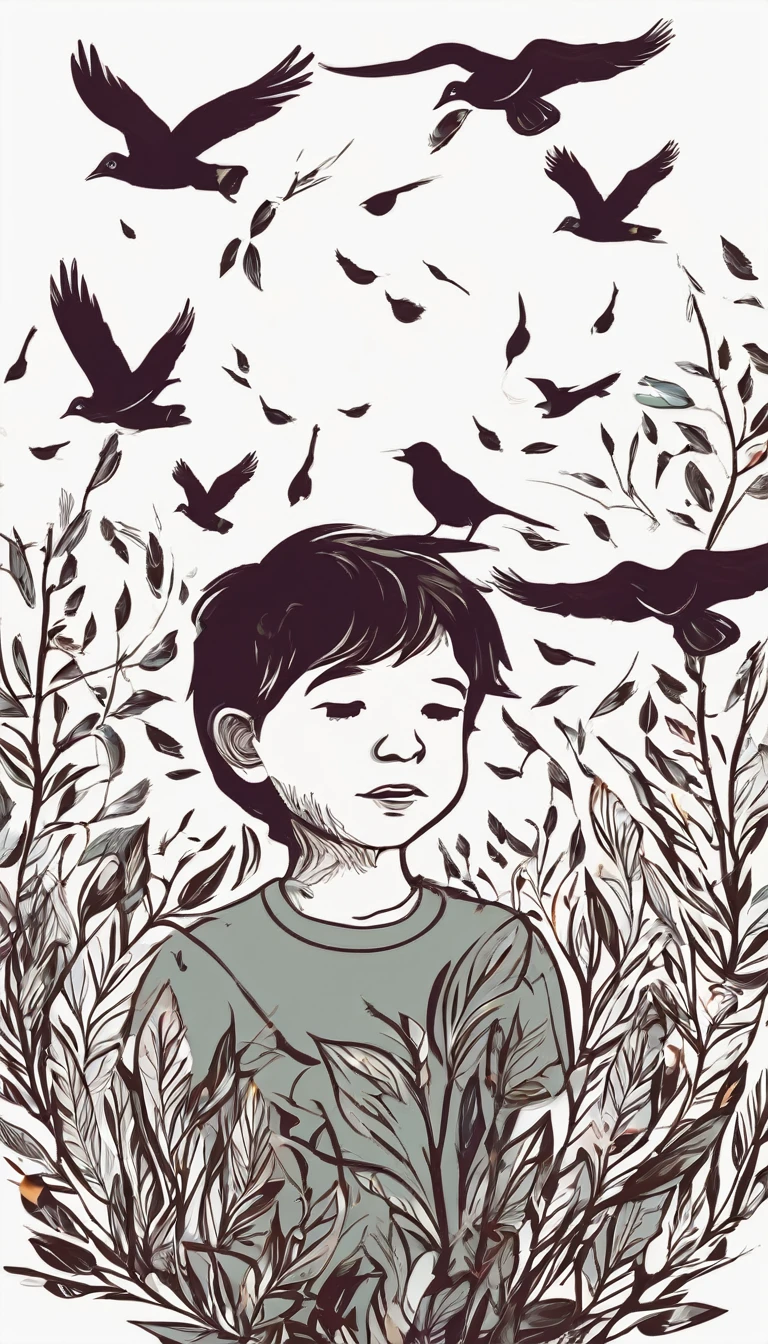 Create a simple, modern logo design of a boy lost in a head full of feathers and birds.