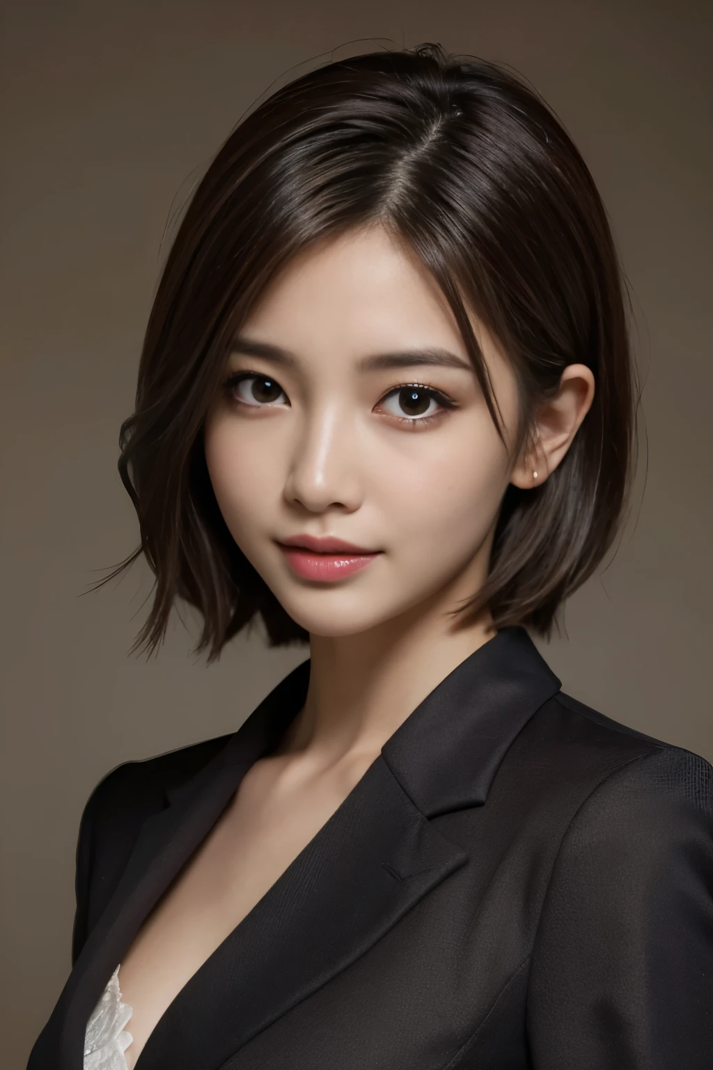 The best quality at its best, Realistically, Super detailed, More about pubic hair, High resolution, Plain background，8k wallpaper, One beautiful woman,,Light brown short hair, Wear a dark suit, Lock Focus, Perfect dynamic composition, Beautiful Eyes, Delicate hair, 细致Realistically的皮肤纹理, smile, Close-up portrait, Model Body Type