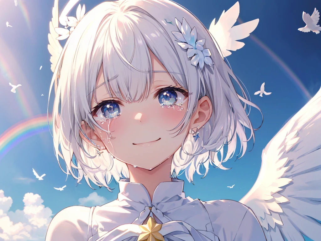 (((Extreme close-up tears smile Low - Angle Dove of peace Angel Halo))) ((輝くtears Rainbow Eyes Short Hair Receiving the light Rainbow light)) (Shining Edge)