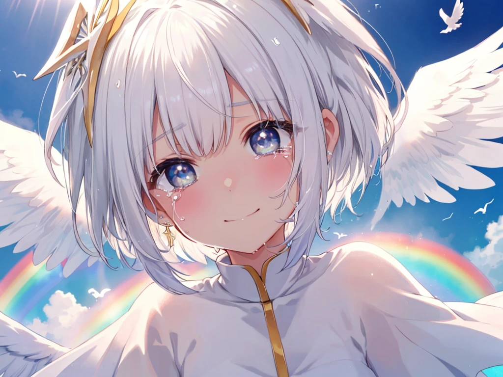 (((Extreme close-up tears smile Low - Angle Dove of peace Angel Halo))) ((輝くtears Rainbow Eyes Short Hair Receiving the light Rainbow light)) (Shining Edge)