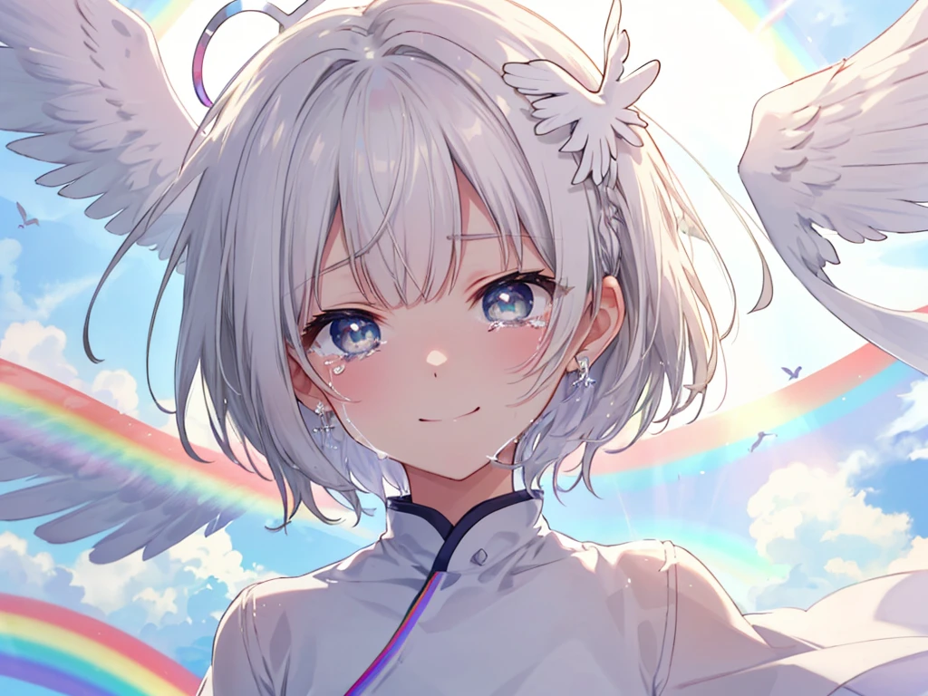 (((Extreme close-up　tears　smile　Low - Angle　Dove of peace　Angel Halo)))　((輝くtears　Rainbow Eyes　Short Hair　Receiving the light　Rainbow light))　(Shining Edge)