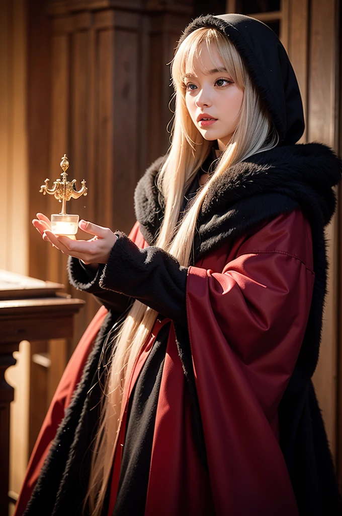 realistic, real life, beautiful woman, long silver hair, wearing a detailed red hooded cloak with golden ornaments, intricate red dress, standing confidently with hand extended, mystical forest background, glowing magical effects, ethereal lighting, high detail, high resolution, capturing the essence of the original illustration, high quality, high definition