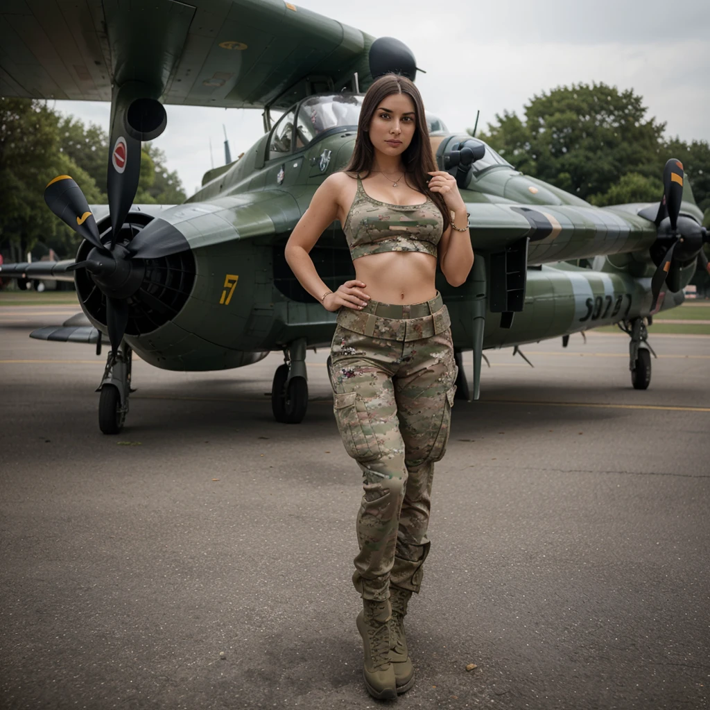 1girl in, 30 years old, Square face, Long hair, Looking at viewer, jewelry, Realistic, Sexy, military combat outfit, military weapon background tank-plane-cannon-gun, pose for everyone full body