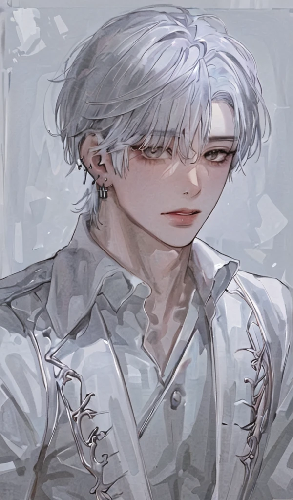 1boy, portrait, earrings, solo,lips,  male focus, silver eyes, looking at viewer, white hair, short hair, closed mouth, 