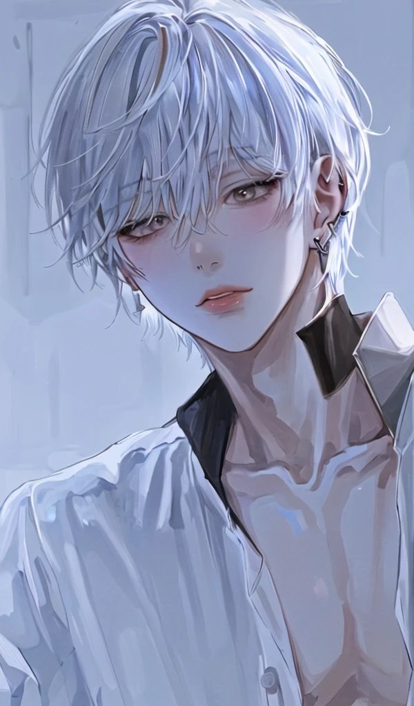 1boy, portrait, earrings, solo,lips, male focus, silver eyes, looking at viewer, white hair, short hair, closed mouth,