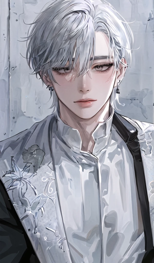 1boy, portrait, earrings, solo,lips,  male focus, silver eyes, looking at viewer, white hair, short hair, closed mouth, 