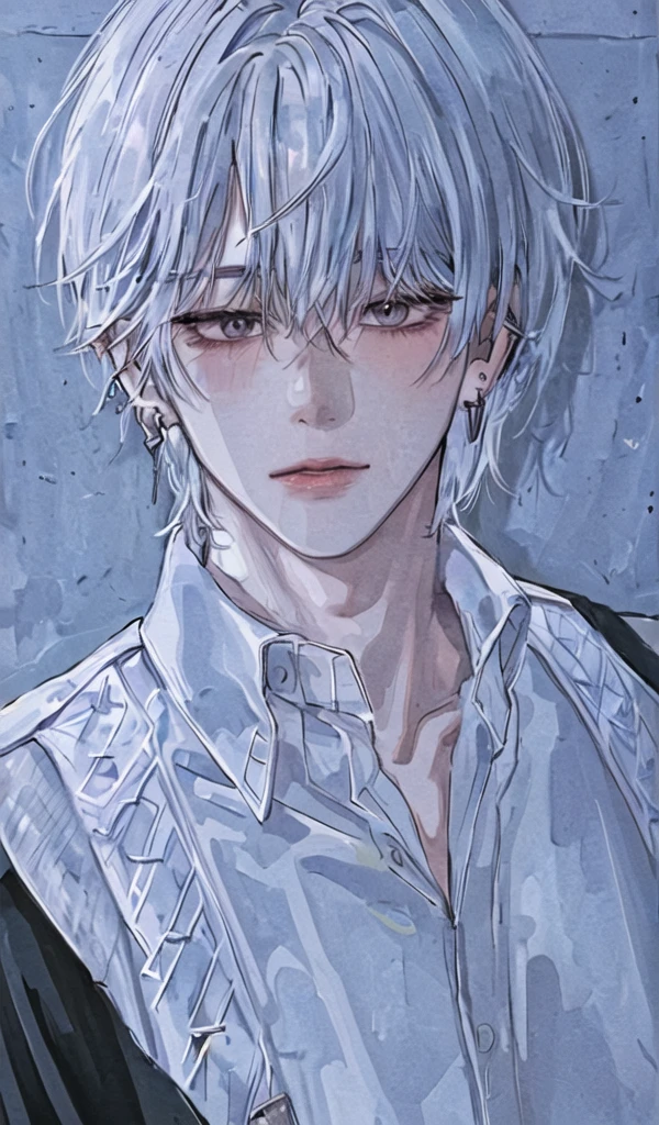 1boy, portrait, earrings, solo,lips,  male focus, silver eyes, looking at viewer, white hair, short hair, closed mouth, 