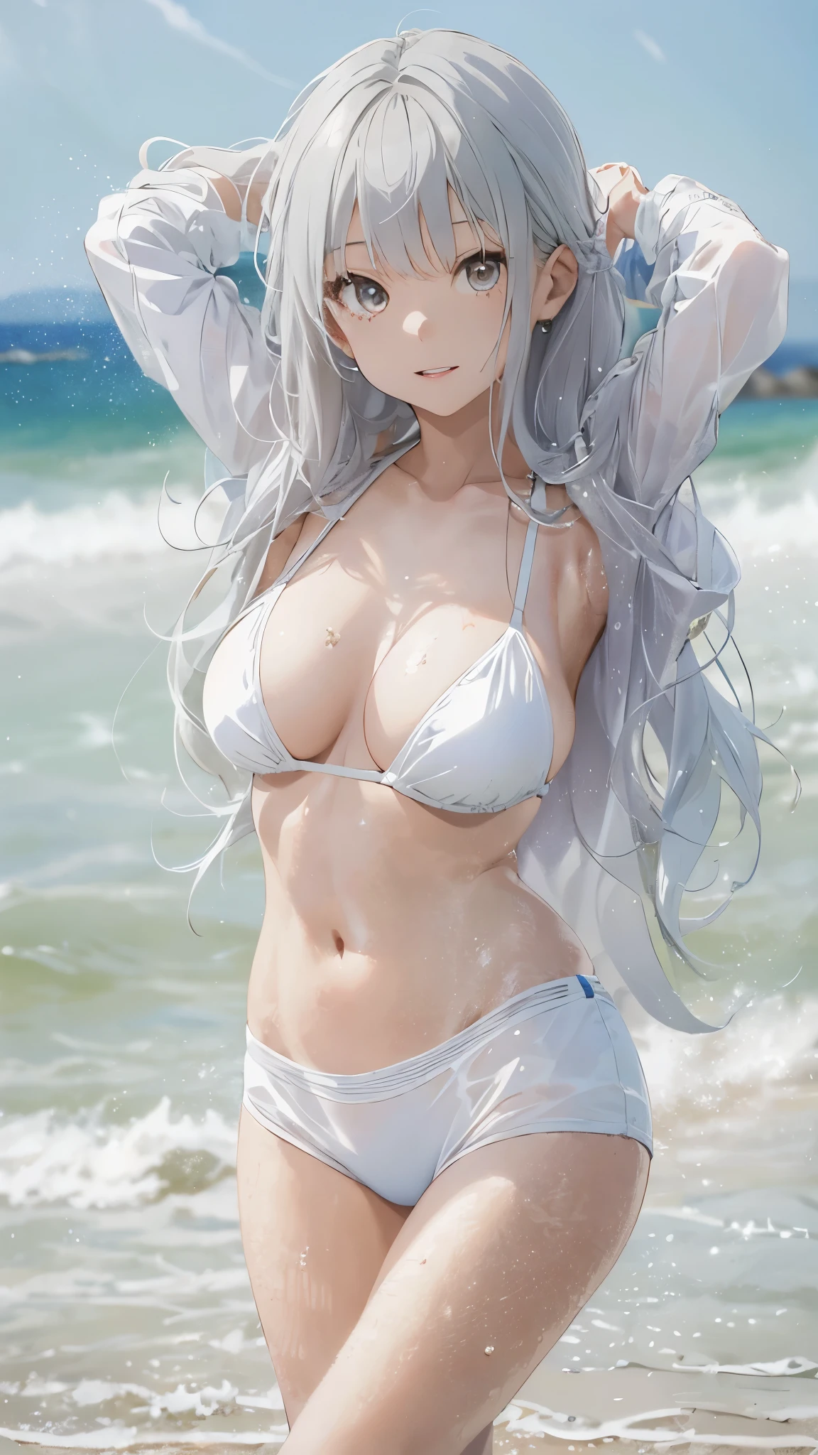 Silver-haired girl drawn in high resolution Japanese anime style、whole body、Women in white bikinis taking photos on a deserted beach, model bikini, , Young and cute gravure idol, Posing together in bras, Russian and Japanese mix, sakimichan, Asian woman, Wear a swimsuit, that'that'that'that'that'that'that'that'that'that'that'that'that'that'that'that'that'that'that'It's hot with the shining sun, Japanese Model, Cute Core, sakimichan hdri, Young Gravure Idol, Chubby