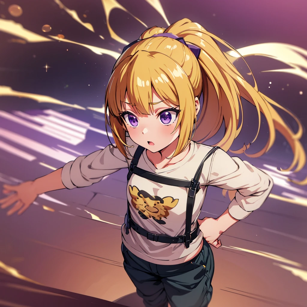 best quality, incredibly absurdres, extremely detailed, 2.5D, kei karuizawa, blonde hair, ponytail, violet eyes, delicate and dynamic, (chibi, chibi artstlye), cute girl, wearing baggy clothes, baggy pants, sparkly and vivid color effects, background another dimension