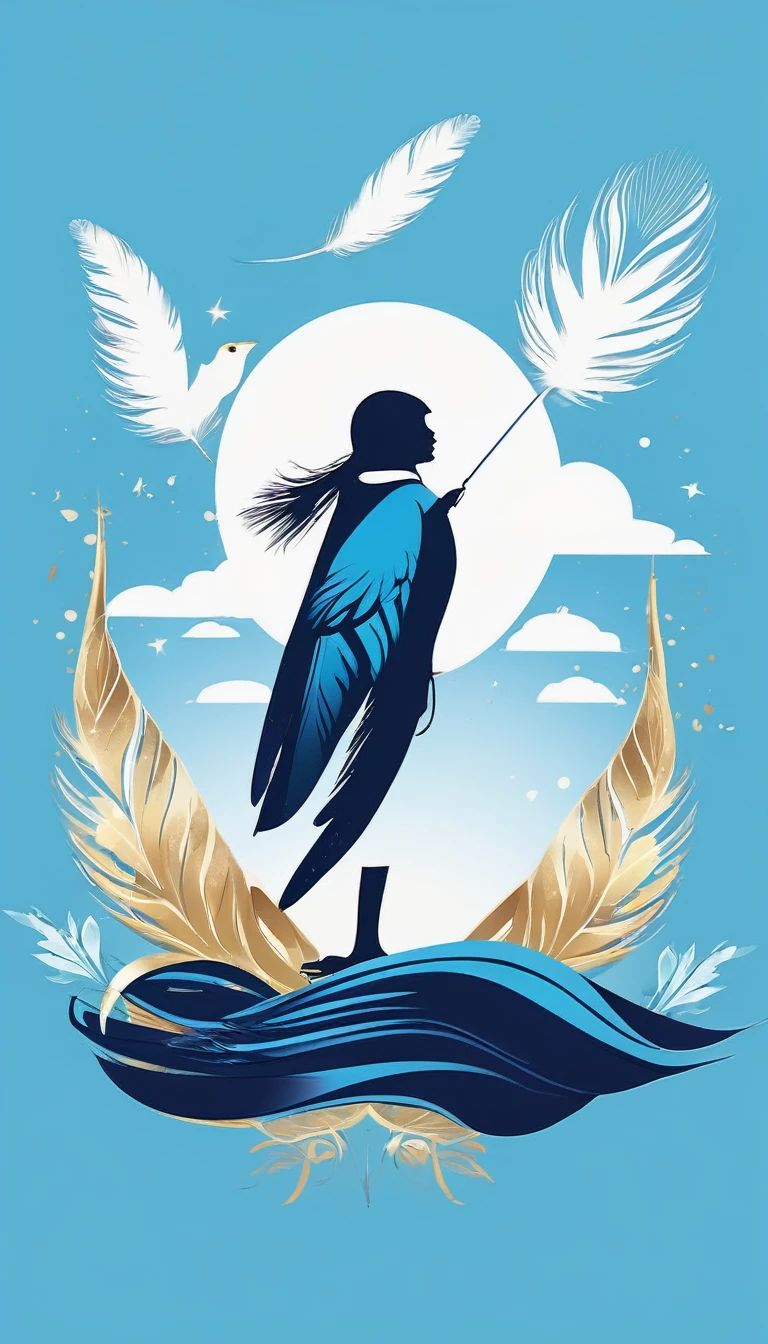Create a minimalistic, simple, fantastic, easy to understand, logo design of a boy and a feather for an upcoming Brand called " Penamemoria". Create the logo in the center. A fantasy theme with birds and feathers as background, blue sky, white clouds. Use the colours light blue, white, golden in the logo. The logo design must convey a sense of storytelling, memories, dreams and music. Must convey a feeling of being a true Dreamer.