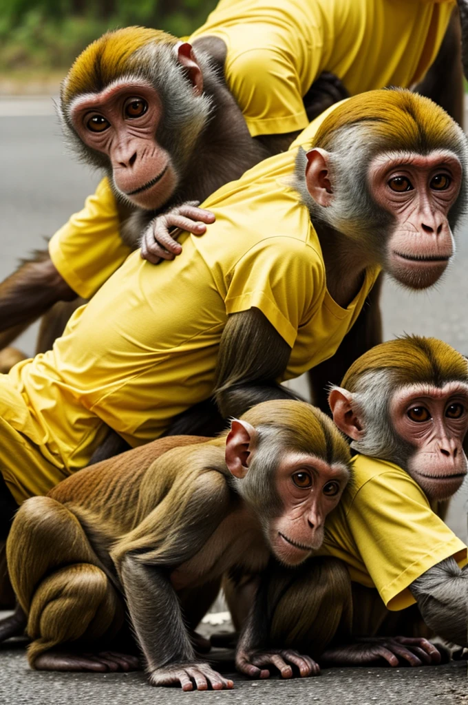 close-up of several monkeys all wearing the same yellow shirt are on the road in anger while destroying public property and showing their anger, super realistic, super 4K HD