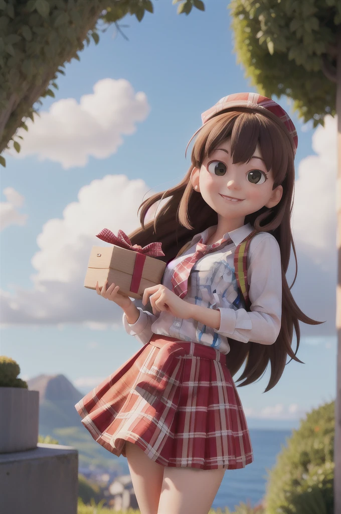 masterpiece, high quality best quality,1girl, bangs, beach, blue_sky, blush, bow, breasts, checkered, checkered_shirt, checkered_skirt, cloud, cloudy_sky, collarbone, day, envelope, giving, grass, hair_bow, heart, holding, holding_letter, horizon, incoming_gift, kazami_yuuka, leaning_forward, lens_flare, letter, light_rays, long_hair, looking_at_viewer, love_letter, mountain, mountainous_horizon, ocean, outdoors, plaid, plaid_background, plaid_bikini, plaid_bow, plaid_bowtie, plaid_bra, plaid_dress, plaid_headwear, plaid_jacket, plaid_legwear, plaid_necktie, plaid_neckwear, plaid_panties, plaid_pants, plaid_ribbon, plaid_scarf, plaid_shirt, plaid_skirt, plaid_vest, pov, shirt, skirt, sky, smile, solo, sun, sunbeam, sunlight, tree, unmoving_pattern