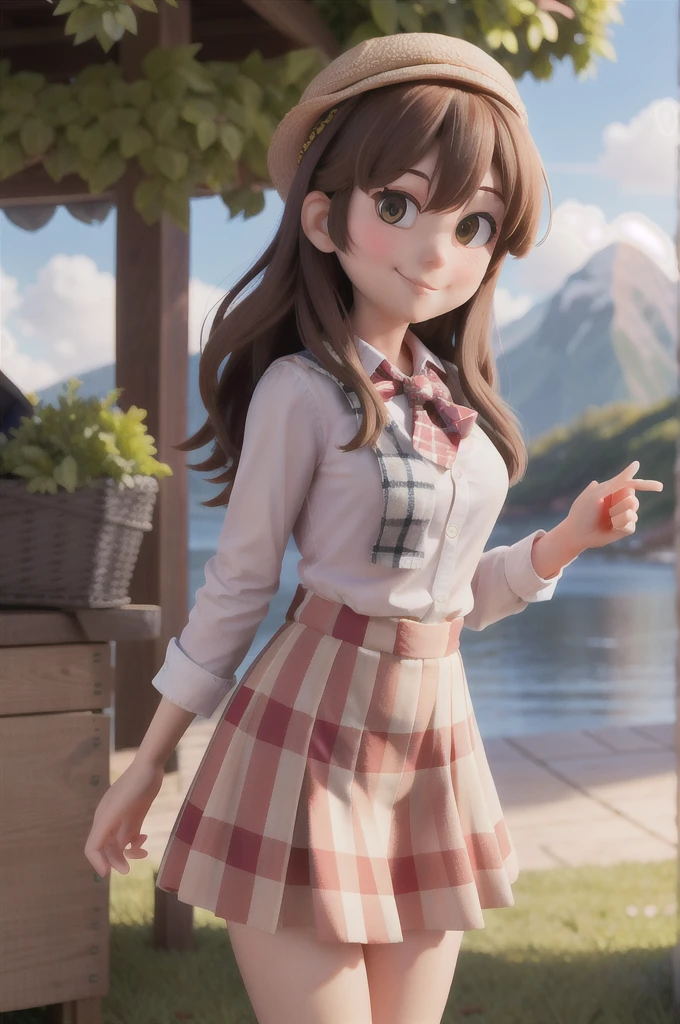 masterpiece, high quality best quality,1girl, bangs, beach, blue_sky, blush, bow, breasts, checkered, checkered_shirt, checkered_skirt, cloud, cloudy_sky, collarbone, day, envelope, giving, grass, hair_bow, heart, holding, holding_letter, horizon, incoming_gift, kazami_yuuka, leaning_forward, lens_flare, letter, light_rays, long_hair, looking_at_viewer, love_letter, mountain, mountainous_horizon, ocean, outdoors, plaid, plaid_background, plaid_bikini, plaid_bow, plaid_bowtie, plaid_bra, plaid_dress, plaid_headwear, plaid_jacket, plaid_legwear, plaid_necktie, plaid_neckwear, plaid_panties, plaid_pants, plaid_ribbon, plaid_scarf, plaid_shirt, plaid_skirt, plaid_vest, pov, shirt, skirt, sky, smile, solo, sun, sunbeam, sunlight, tree, unmoving_pattern