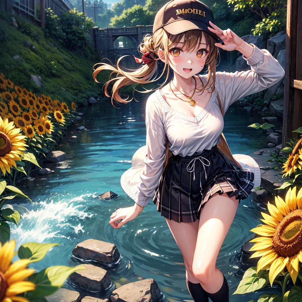 Red, brown, gold, gold hair、Golden Eyes、Hair tied up、One good looking girl、solo、anime、Checkered mini skirt、Ruffles on the skirt、camisole、Lightweight cardigan、Black knee-high socks、Wearing a baseball cap、Ribbon、Ribbon on waist、Teeth are visible、Silver coin necklace、shine、From above、Sparks are flying、tunnel、Cobblestones、waterfall、Clear Stream、Sunflower field、Have sunflowers、Midnight Moon、Winding Road