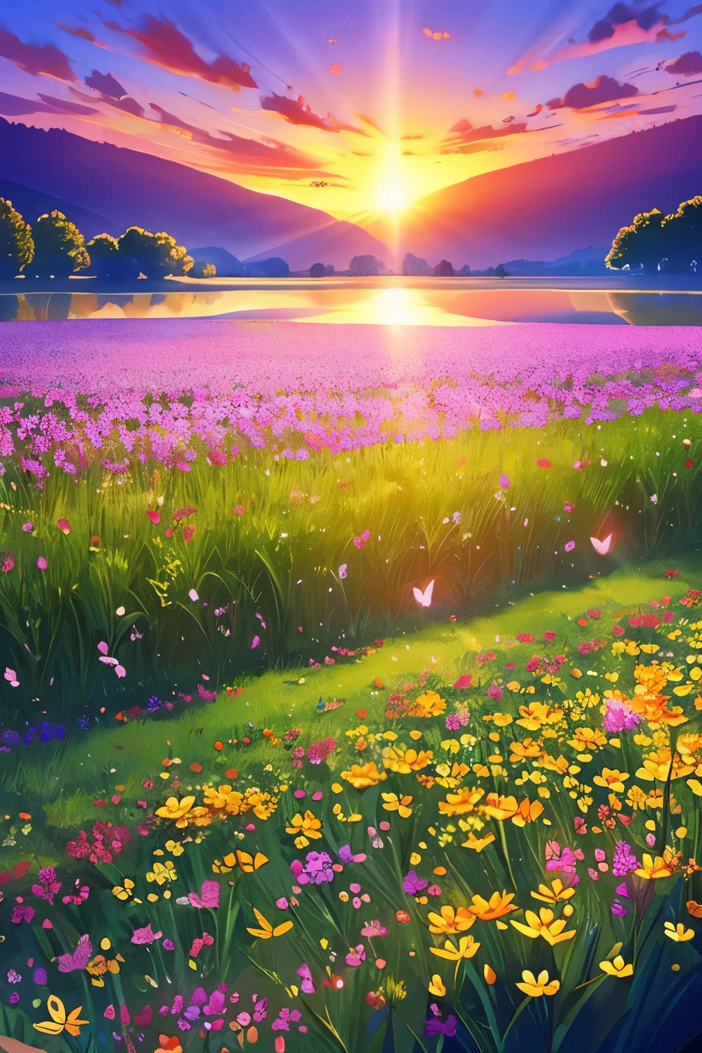 Beautiful fields of flowers, sunrise, lake, butterfly,nature, wallpaper,, best light, some animals