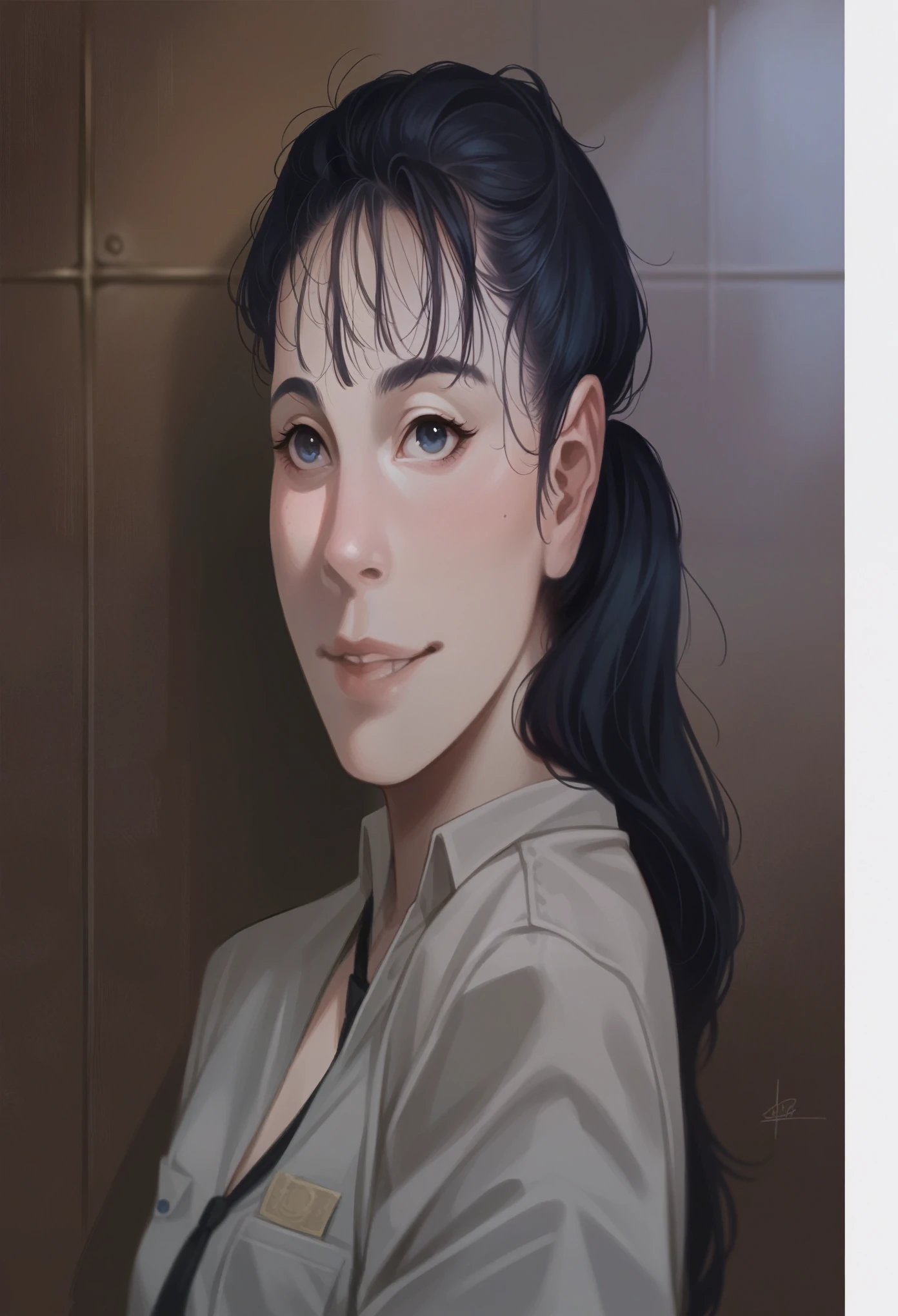 Hyper realistic 3D Cartoon style character with big head. smiling at the camera. wearing a blue policewoman's outfit. wearing a black tie. Her hair is tied in a ponytail at the back. smooth white skin. use soft photographic lighting. hair lighting, top lighting, side lighting, high quality photos, UHD, 16k