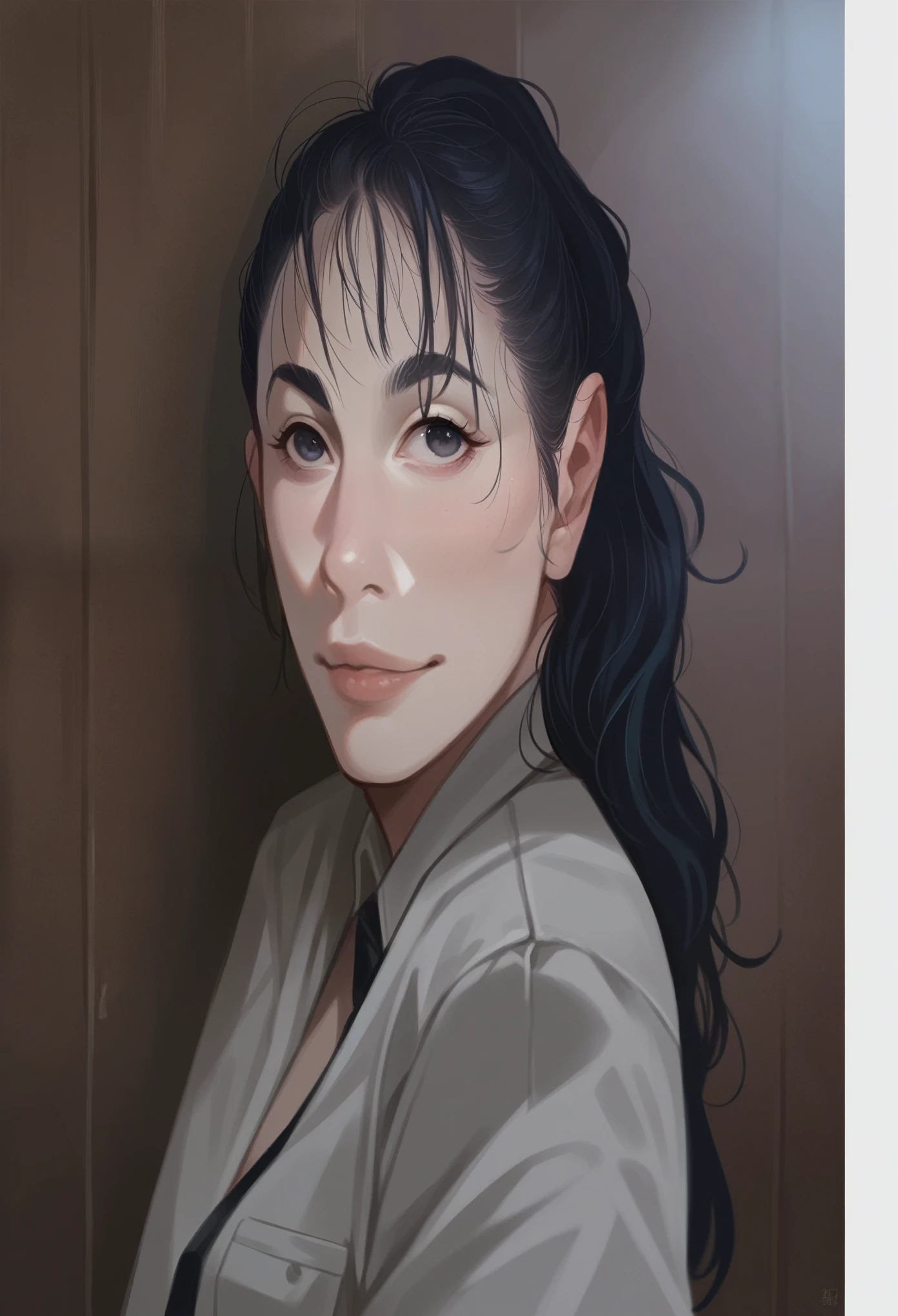 Hyper realistic 3D Cartoon style character with big head. smiling at the camera. wearing a blue policewoman's outfit. wearing a black tie. Her hair is tied in a ponytail at the back. smooth white skin. use soft photographic lighting. hair lighting, top lighting, side lighting, high quality photos, UHD, 16k