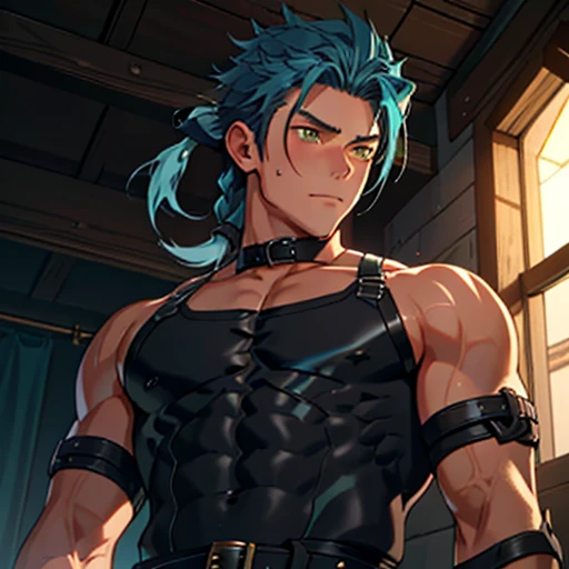 (masterpiece, Highest quality),youthのwhole body,(youth),teenager face,body tilt,Delicate eyes,Open your eyes,Smooth and delicate skin,Short face,Surprised expression,Detailed painted face,Complex,naked,Bright colors,(Depth of written boundary:1.2),Raised to be sexy, Restrained arms,like々Shii, Imminent sexual activity, Black Thong, Femboy, 上半身naked, Blushing, Nervous, Intimate lighting,  Black leather collar, slave, Longing for, Lewd, Dramatic lighting, Dark Light Brown Hair　Emerald Hair　Blue Hair　Yellow Eyes　long hair tied up　whole body　View from below