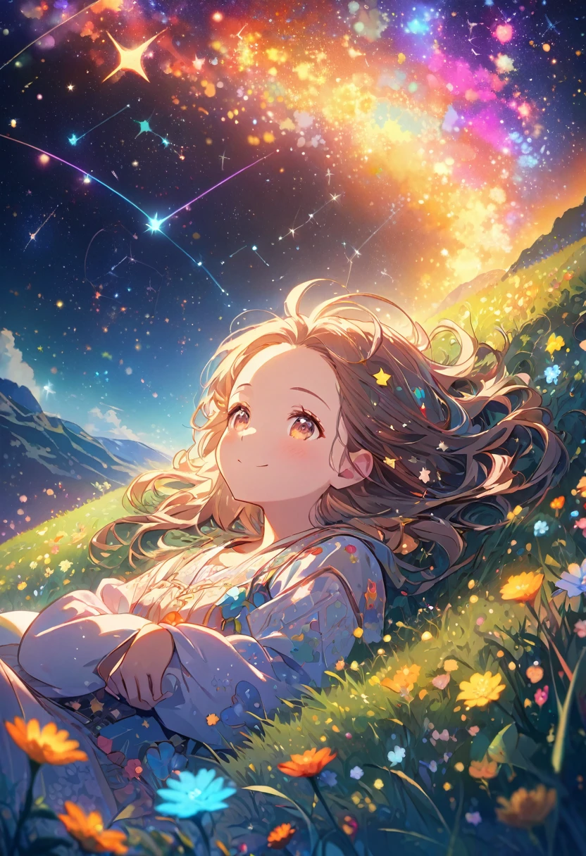 ((ultra detailed face)),forehead,Describe a scene in which a cute girl character is lying on a grassy hill, Look up at the starry sky. Surround her with colorful nebulae and her favorite constellations.(((big smiling)))